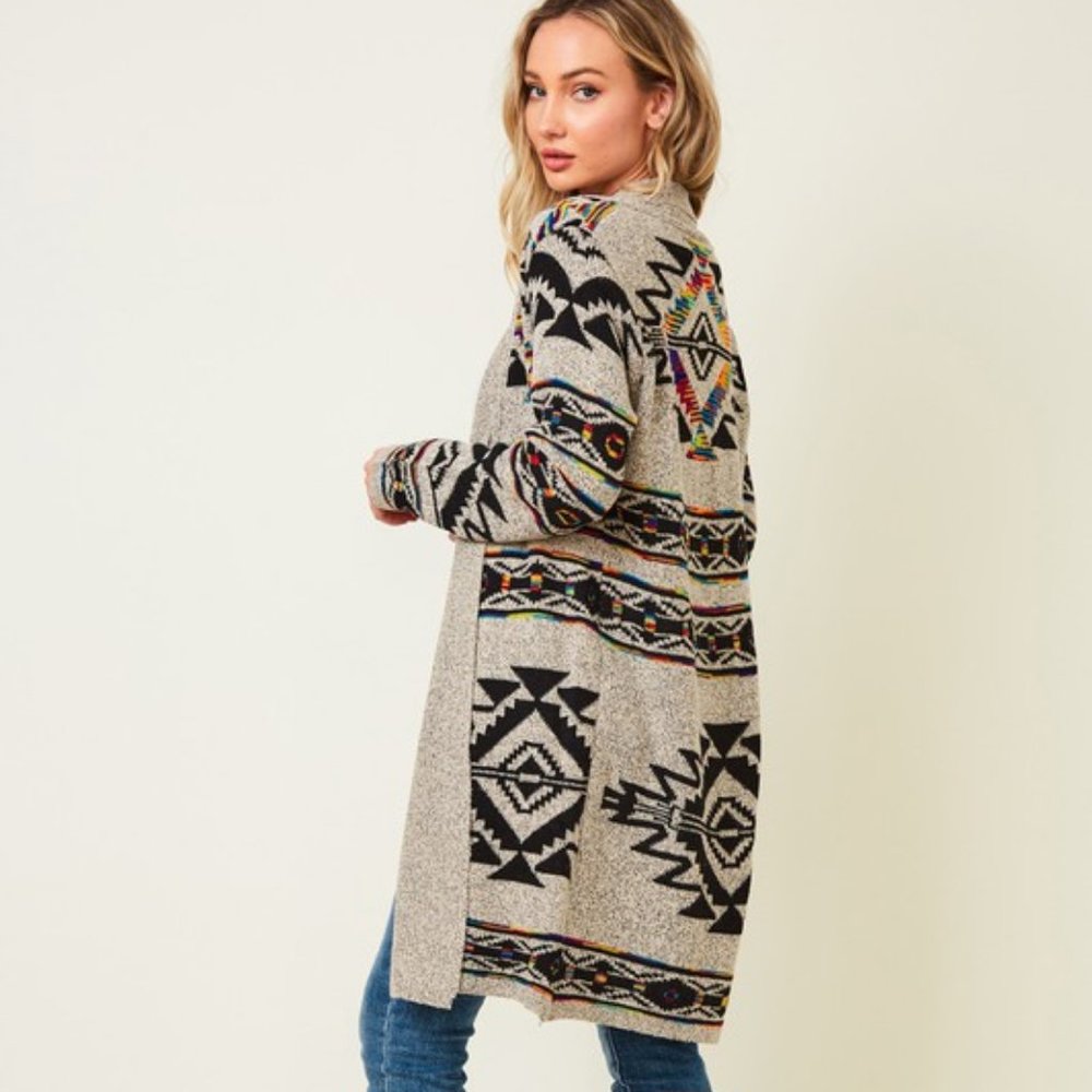 new ON BLUE SWEATER CARDIGAN WRAP boho western AZTEC TRIBAL TAUPE jacquard SM-3X - Picture 3 of 9